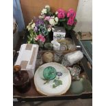 TWO BOXES CONTAINING HOUSEHOLD ITEMS, ARTIFICIAL FLOWERS ETC