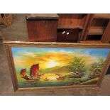 LARGE FRAMED MODERN PAINTING DEPICTING A JUNK IN ORNATE WOODEN FRAME, WIDTH APPROX 127CM