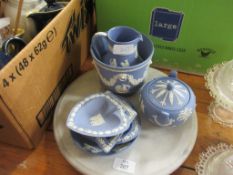 COLLECTION OF MIXED WEDGWOOD BLUE JASPERWARE TOGETHER WITH A MARBLE CHEESEBOARD