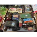 TRAY CONTAINING VARIOUS SMALL COLLECTIBLES INCLUDING FLINTLOCK PISTOL, LIGHTER, VORTEX TIME VALVE,