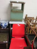 RED PAINTED STEEL FRAMED CHAIR TOGETHER WITH A LLOYD LOOM STYLE BEDSIDE CABINET AND A FURTHER MID-