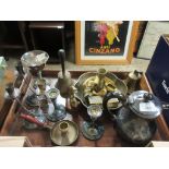 TRAY CONTAINING SMALL METAL WARE INCLUDING HAND BELL, COFFEE POT, CANDLE HOLDERS ETC