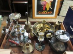 TRAY CONTAINING SMALL METAL WARE INCLUDING HAND BELL, COFFEE POT, CANDLE HOLDERS ETC