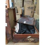 VINTAGE GLADSTONE BAG TOGETHER WITH SUITCASE CONTAINING VARIOUS VINTAGE CLOTHING, WAISTCOATS ETC