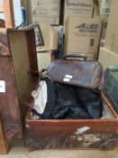 VINTAGE GLADSTONE BAG TOGETHER WITH SUITCASE CONTAINING VARIOUS VINTAGE CLOTHING, WAISTCOATS ETC