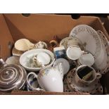 BOX CONTAINING VARIOUS HOUSEHOLD CERAMICS INCLUDING JELLY MOULD, TEA POTS ETC