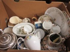 BOX CONTAINING VARIOUS HOUSEHOLD CERAMICS INCLUDING JELLY MOULD, TEA POTS ETC