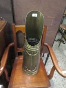 BRASS COAL SCUTTLE, MOULDED DECORATION OF FIGURES OUTSIDE A PUB