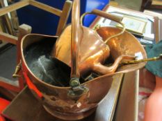 BRASS COAL HELMET TOGETHER WITH A KETTLE, FIRE IRONS ETC