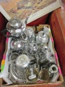 BOX CONTAINING VARIOUS SILVER PLATE INCLUDING COFFEE POTS ETC