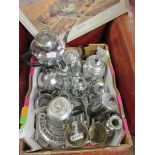 BOX CONTAINING VARIOUS SILVER PLATE INCLUDING COFFEE POTS ETC