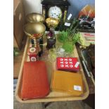 TRAY CONTAINING VARIOUS TROPHIES, CARD BOXES ETC