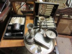 SILVER PLATED GALLERY TRAY TOGETHER WITH A PAIR OF CANDLESTICKS ETC AND CASED SILVER PLATED