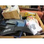 BOX CONTAINING ODDS AND ENDS INCLUDING TORCH, TOOL KITS ETC