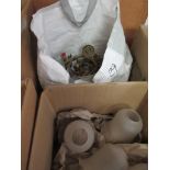 TWO BOXES CONTAINING BRASS WALL LIGHT SCONCES AND GLASS SHADES