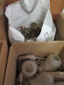 TWO BOXES CONTAINING BRASS WALL LIGHT SCONCES AND GLASS SHADES