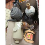 BOX CONTAINING SALT GLAZED AND OTHER CERAMICS INCLUDING TRANSFER PRINTED AULD LANG SYNE BOTTLE