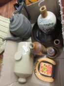 BOX CONTAINING SALT GLAZED AND OTHER CERAMICS INCLUDING TRANSFER PRINTED AULD LANG SYNE BOTTLE