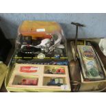 TRAY CONTAINING VARIOUS TOYS, MODELS, FISHING KIT ETC