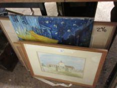 SELECTION OF FRAMED PICTURES INCLUDING WATERCOLOUR OF A COUNTRY CHURCH, OIL ON PANEL OF A