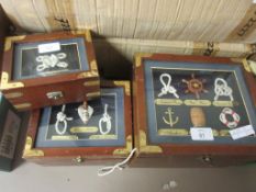 THREE TRINKET OR STORAGE BOXES EACH WITH KNOT COLLECTIONS TO LIDS