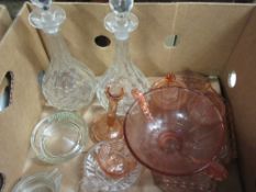 BOX CONTAINING MIXED COLOURED AND OTHER GLASS WARE INCLUDING DECANTERS, PRESSED CORONATION SOUVENIR,