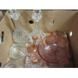 BOX CONTAINING MIXED COLOURED AND OTHER GLASS WARE INCLUDING DECANTERS, PRESSED CORONATION SOUVENIR,