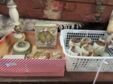 TWO BOXES CONTAINING MIXED STONEWARE ITEMS INCLUDING A MANTEL CLOCK, LAMP BASE, GOBLETS ETC