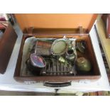 SMALL VINTAGE SUITCASE CONTAINING A COLLECTION OF VARIOUS SILVER PLATED WARES