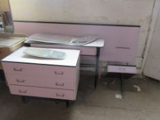 DISASSEMBLED 1960S FORMICA BED SET COMPRISING HEADBOARD WITH BUILT IN DRAWERS, MIRROR BACKED