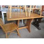MODERN PINE REFECTORY KITCHEN TABLE AND THREE STICK BACK CHAIRS
