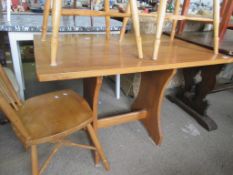 MODERN PINE REFECTORY KITCHEN TABLE AND THREE STICK BACK CHAIRS