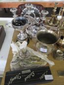 ACCUMULATION OF SILVER PLATED WARES INCLUDING TROPHIES, CANDLESTICKS ETC