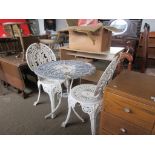 VINTAGE METAL GARDEN TABLE AND TWO MATCHING CHAIRS, THE TABLE APPROX 66CM DIAM