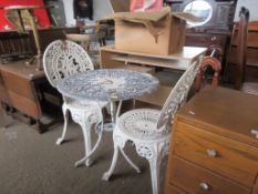 VINTAGE METAL GARDEN TABLE AND TWO MATCHING CHAIRS, THE TABLE APPROX 66CM DIAM