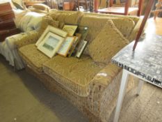 MODERN UPHOLSTERED TWO-SEATER SOFA IN GILT PATTERNED FABRIC, WIDTH APPROX 176CM