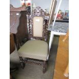 HEAVILY CARVED 19TH CENTURY UPHOLSTERED HALL CHAIR, HEIGHT APPROX 110CM