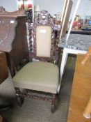 HEAVILY CARVED 19TH CENTURY UPHOLSTERED HALL CHAIR, HEIGHT APPROX 110CM