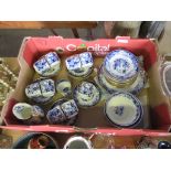 BOX CONTAINING GILT FINISHED BLUE AND WHITE DINNER WARES
