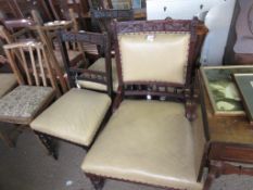 LEATHER UPHOLSTERED HALL CHAIR, HEAVILY CARVED TOGETHER WITH TWO SIMILAR SMALLER EXAMPLES, LARGEST