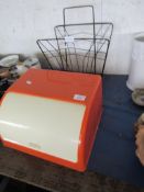 MOULDED PLASTIC 1960/70S BREAD BIN TOGETHER WITH A WIRE MAGAZINE RACK