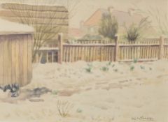 •Leslie Morris Leopold Brangwyn (20th century), "Snow in the garden", watercolour, signed lower