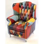 21st century designer harlequin leathre wingback armchair in multi-coloured design on chromium feet,