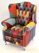 21st century designer harlequin leathre wingback armchair in multi-coloured design on chromium feet,