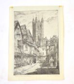•William Palmer Robins (1882-1959), "Butchery Lane, Canterbury", black and white etching, signed and