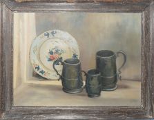 •V Tuff (20th century), Still Life study with pewter and faience, oil on board, signed lower