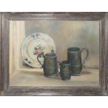 •V Tuff (20th century), Still Life study with pewter and faience, oil on board, signed lower