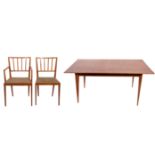 Mid-century dining table of small proportions together with 8 similar slat-back dining chairs (