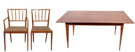 Mid-century dining table of small proportions together with 8 similar slat-back dining chairs (