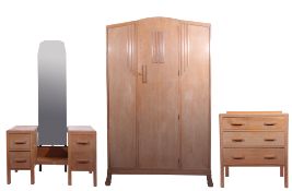 Trevor Page & Co (Norwich) lined oak three piece bedroom suite comprises a wardrobe with single door